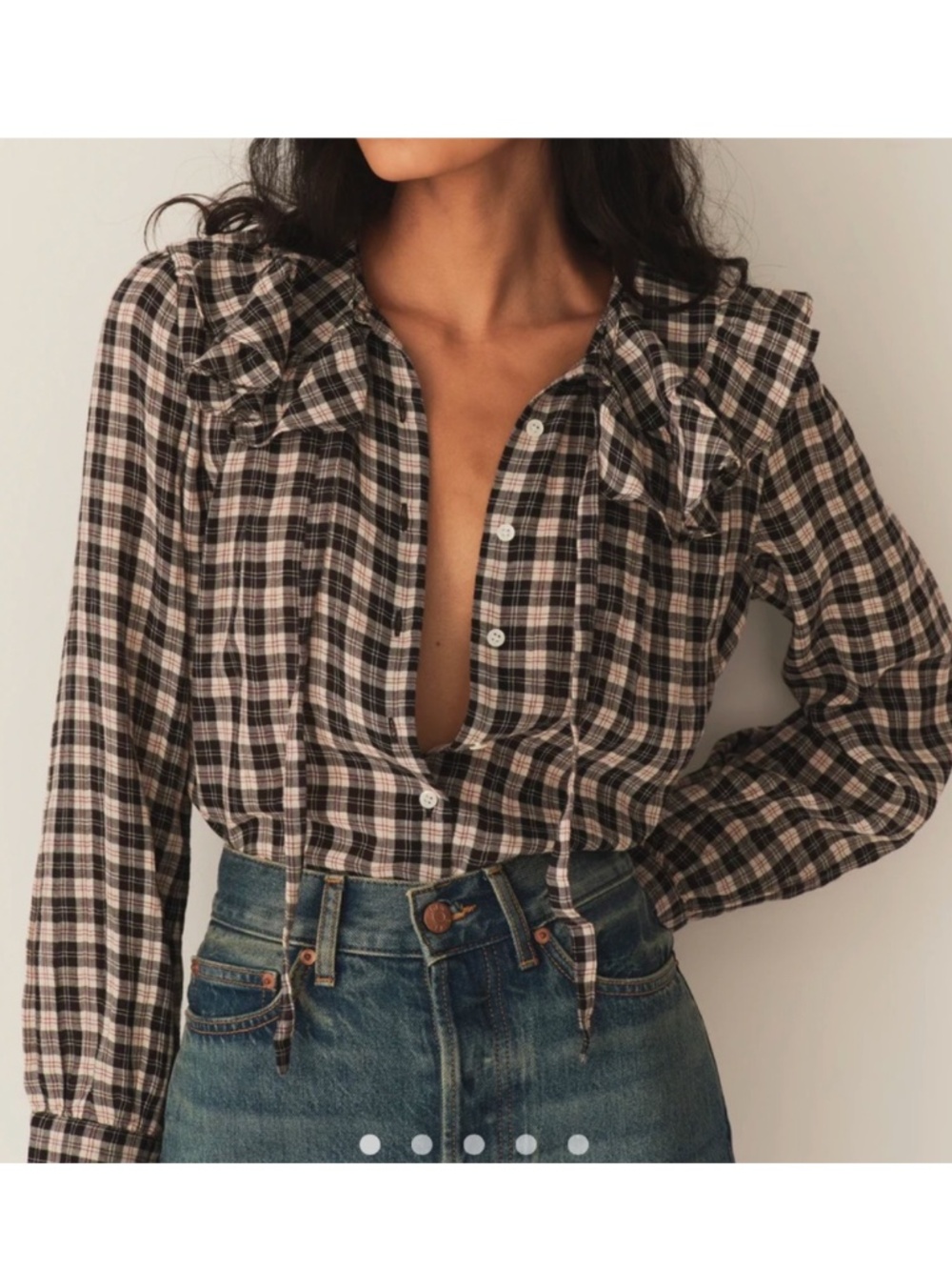 Doen Joelle ruffled checked organic cotton top - Navy countryside plaid